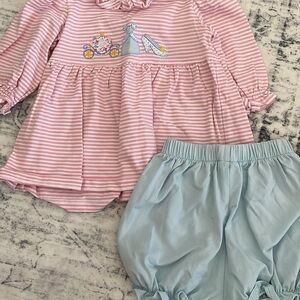 Pink Striped Dress with Blue Bloomers